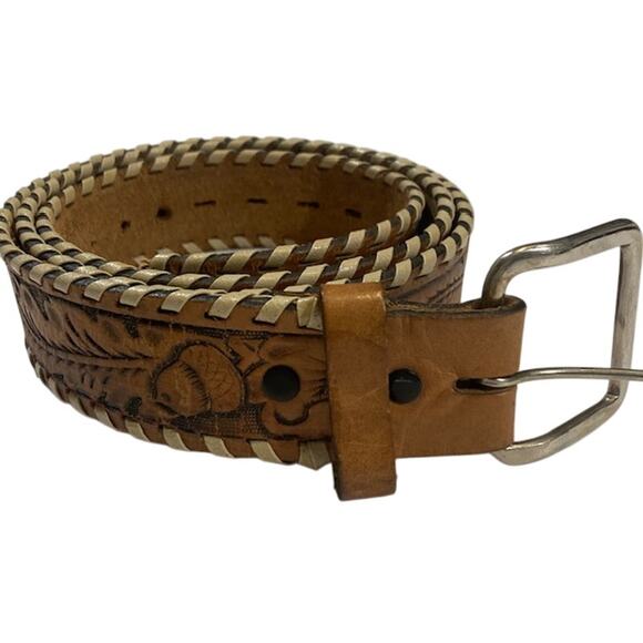 Unknown-Tooled Leather Western Belt With A Silver Tone Buckle - Picture 4 of 7